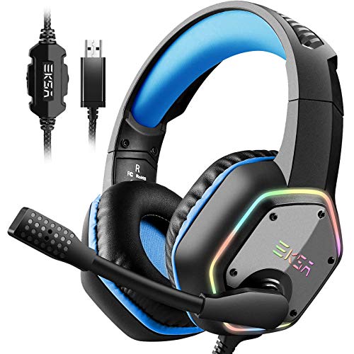 EKSA Gaming Headset with 7.1 Surround Sound Stereo, PS4 USB Headphones with Noise Canceling Mic & RGB Light, Compatible with PC, PS4 Console, Laptop (Blue)
