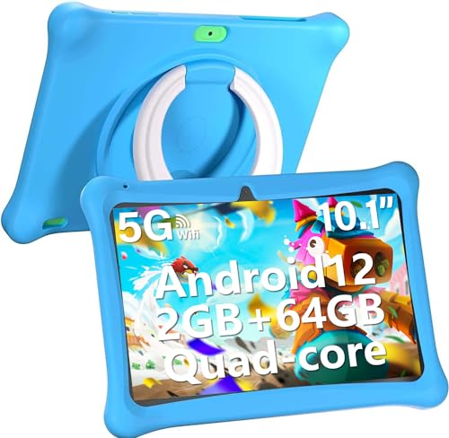 PKHOZ Kids Tablet with Case, 10.1 Inch Android 13 Tablet for Kids, 2+2GB RAM 64GB ROM Kids Tablets, WiFi, Parental Control APP, Dual Camera, Educational Games，Kidoz Pre Installed（Blue）