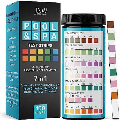 7-Way Pool Test Strips, 100 Quick & Accurate Pool and Spa Test Strips, Pool Water Test Kit - Chlorine, Bromine, pH, Hardness, Alkalinity, Pool Water Tests, Spa and Hot Tub Test Strips with Ebook - JNW