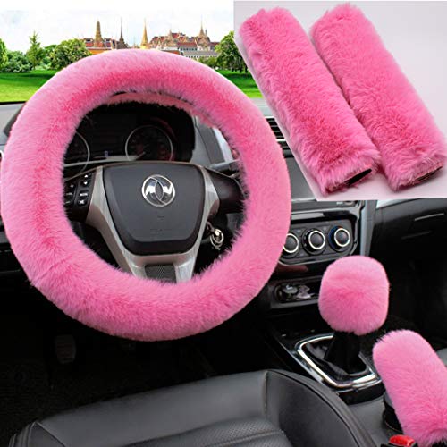 Pinbola 5pcs in 1 Set Faux Wool Steering Wheel Cover Soft Fluffy Handbrake Cover & Gear Shift Cover & 2pcs Seat Belt Shoulder Pads Warm Universal Fit for 15 Inch (Pink)