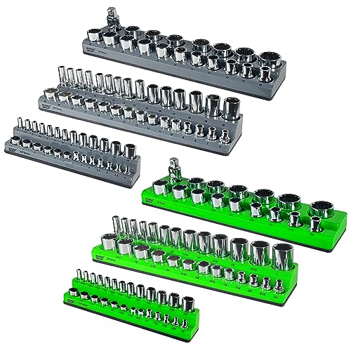 SUNHZ MCKP Magnetic Socket Organizer Set 6 PC, Socket Tool Holder Includes 1/4', 3/8', 1/2' Metric & SAE Socket holders for tool box drawer, Holds 143PCS Standard and Deep Size Sockets