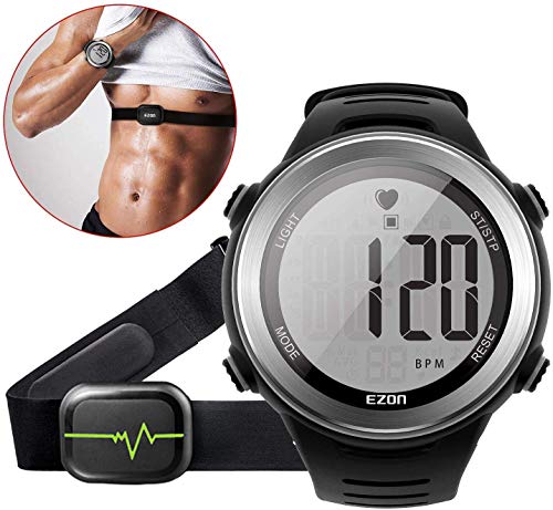 EZON Heart Rate Monitor and Chest Strap,Exercise Heart Rate Monitor,Sports Watch with HRM,Waterproof,Stopwatch,Hourly Chime T007