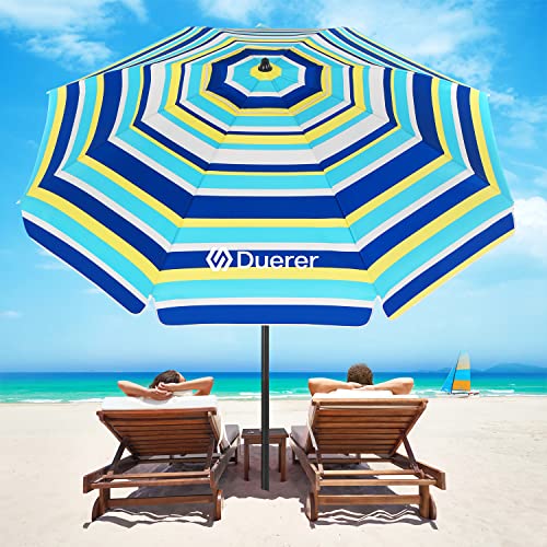 Duerer Beach Umbrellas, 7.5FT Beach Umbrella for Sand with Anchor Heavy Duty Windproof, Height Adjustable Tilt Iron Pole, Portable Beach Umbrella with Carrying Bag for Beach, Patio Garden Outdoor