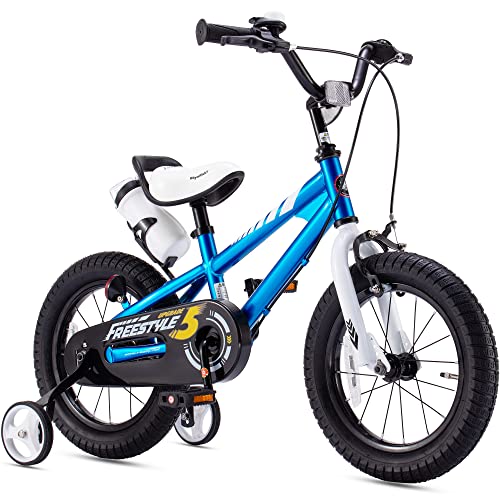 RoyalBaby BMX Freestyle Kid's Bike with Two Hand Brakes, Tool Free Pedal Assembly Boy's Bike and Girl's Bike, Training Wheels for 12' 14' 16', Kickstand for 16' 18' Bicycle, Blue Color (14 Inch)