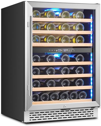 Plotanis Wine Fridge 24 Inch Wide Under Counter 54 Bottles Dual Zone Built-in or Freestanding Wine Cooler Refrigerator with 3 Color Light, Tempered Glass Door, Safety Lock