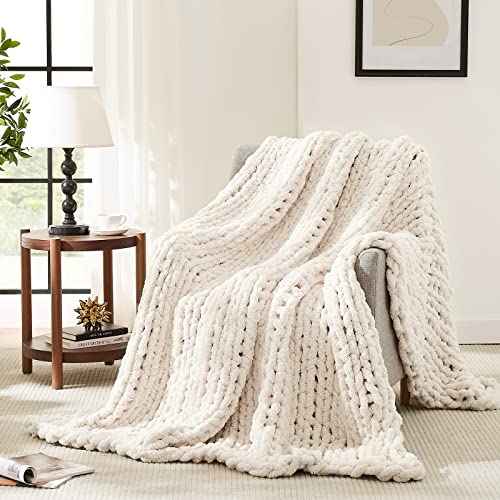 L'AGRATY Chunky Knit Blanket Throw,Soft Chenille Yarn Throw 50x60，Handmade Thick Cable Knit Crochet Blanket, Large Rope Knot Throw Blanket for Couch Home Decor