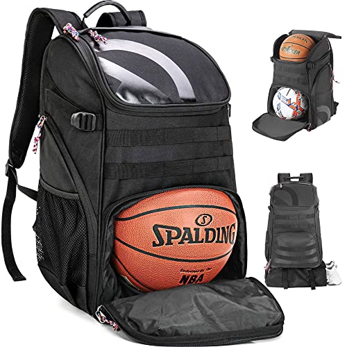 TRAILKICKER 40L Basketball Backpack Large with Ball Compartment and Shoe Pocket Outdoor Sports Equipment Bag for Basketball Soccer Volleyball Gym Swim Travel for Mens Black