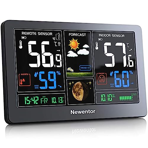 Newentor Weather Station Wireless Indoor Outdoor Thermometer, Color Display Digital Weather Thermometer with Atomic Clock, Forecast Station with Calendar and Adjustable Backlight