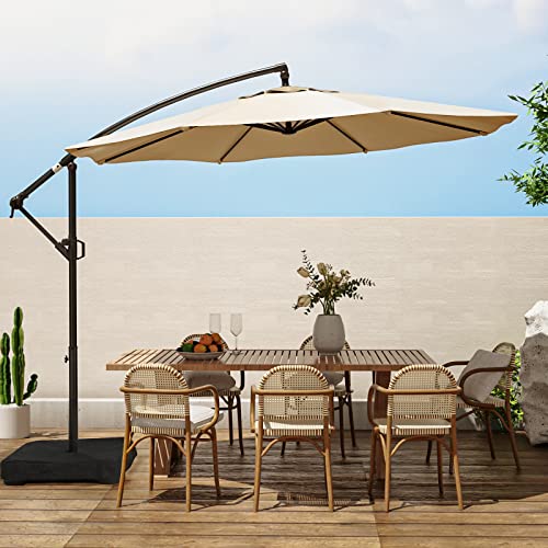 wikiwiki 10ft Patio Umbrella with Base Included, Outdoor Offset Cantilever Umbrella, Infinite Tilt, Crank and Cross Base,Beige