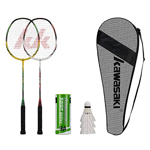 Badminton Rackets Set of 2 for Training, Sport, Including 2 Kawasaki Badminton Racket, 3 Badminton Birdies Feather,1 Badminton Bag Large (Yellow Green/White Red)