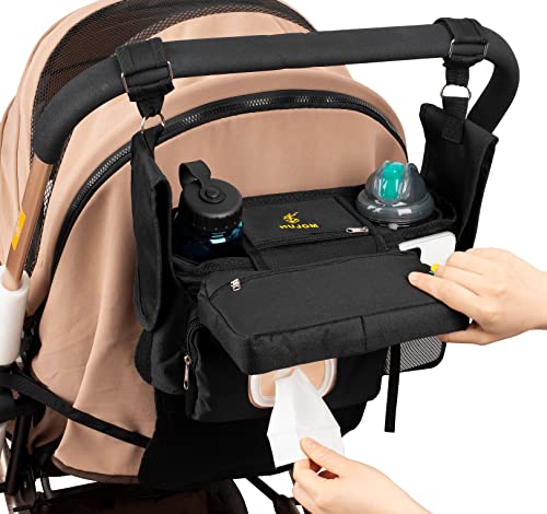 HUJOM Non-Slip Universal Stroller Organizer with Cup Holders, Shoulder Strap, Roll Down Diaper Pocket, Detachable Phone Bag & Flexible Wipes Pocket. Baby Must have Accessories.