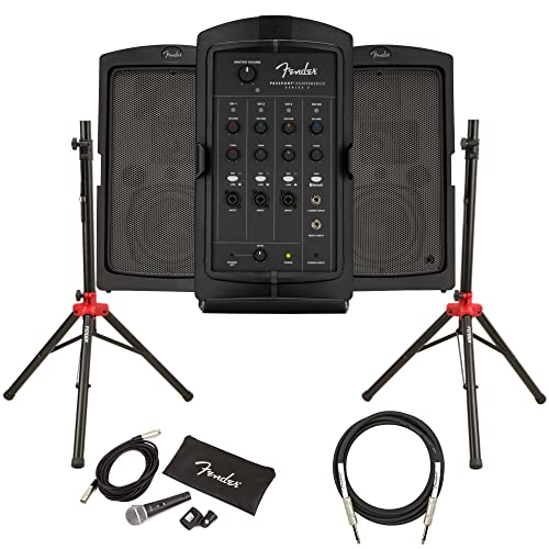 Fender Passport Conference S2 Portable PA System Bundle with Microphone, Compact Speaker Stands, XLR Cable, and Instrument Cable