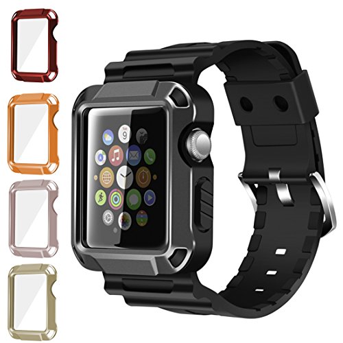 iiteeology Compatible with Apple Watch Band, Rugged Protective iWatch Case and Band Strap with Built-in Screen Protector for Apple Watch Series 3/2/1 (5 in 1 Kit, 38mm)