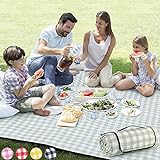 ZAZE Extra Large Picnic Outdoor Blanket, 80''x80'' Waterproof Foldable Blankets Gingham Picnic Mat for Beach, Camping on Grass Picnic Blankets (Green and White)