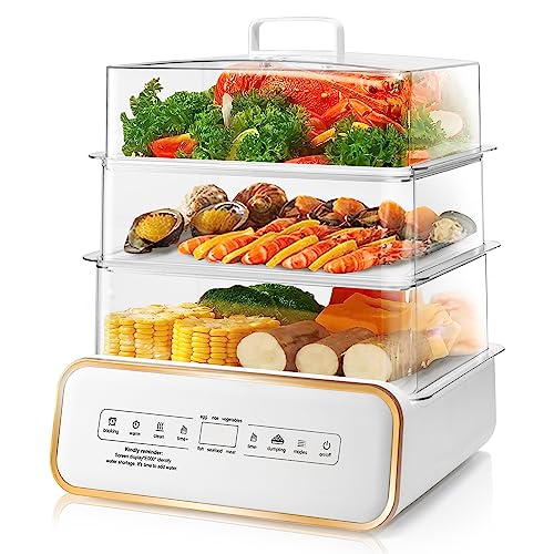 SUSTEAS Food Steamer for Cooking - 17QT Vegetable Steamer with 24H Booking & 60Min Timer, Electric Steamer with Digital Display and 3 Tier Stackable Trays, Auto Shut-Off & Boil Dry Protection