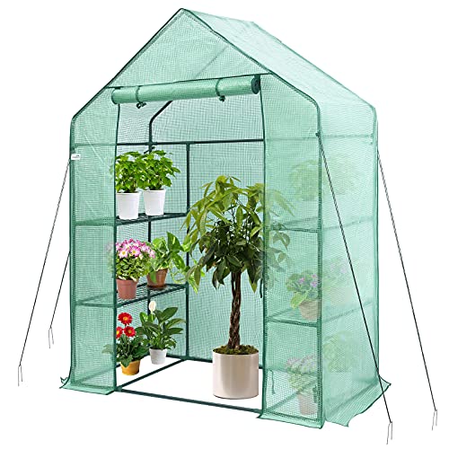 Greenhouse, Hanience Walk-in Greenhouse with Anchors and Ropes, 3 Tier 4 Wired Shelves Indoor and Outdoor Greenhouse for Garden/Patio/Backyard/Balcony, Green PE Cover Easy to Assemble