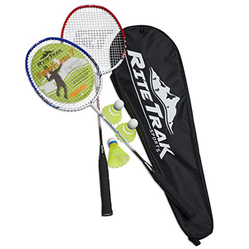 FiberFlash 7 Badminton Racket Set, Featuring 2 Carbon Fiber Shaft Racquets, 3 Shuttlecocks Plus Fabric Carrying Bag All Included (Red/Blue/White)