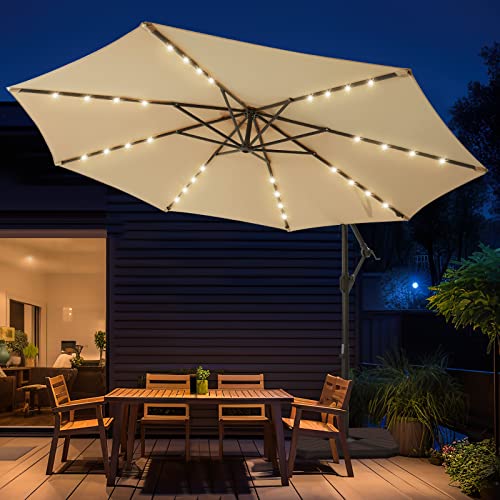wikiwiki 10ft Solar LED Offset Hanging Market Patio Umbrella for Backyard, Poolside, Lawn and Garden,Easy Tilt Adjustment, Polyester Shade & Cross Base, Beige