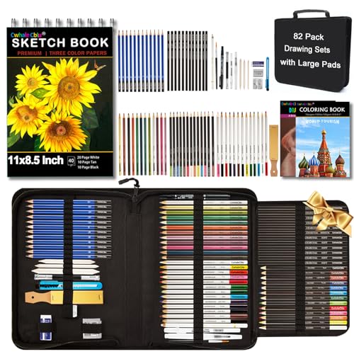 CwhaleCblu 83 Pack Pencil Drawing Set Art Supplies, Pro Art Set with Sketchbook 8x11, Tutorial, Colored, Graphite, Charcoal, Watercolor & Metallic Pencil, Art Supplies for Girls Teens Kids Beginners