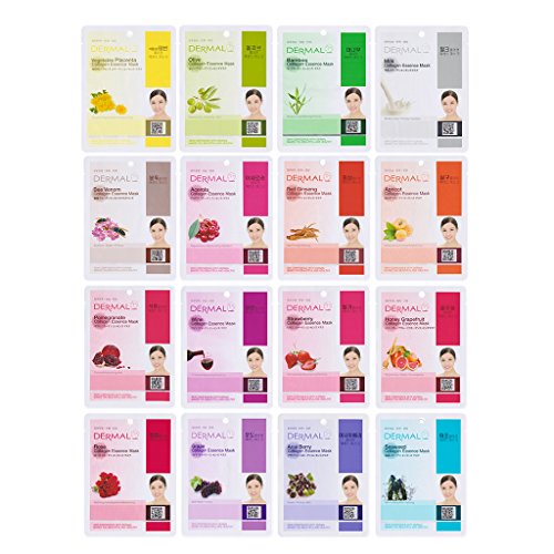 DERMAL KOREA Collagen Essence Full Face Facial Mask Sheet 16 Combo Pack B - Nature Made Freshly Korean Face Mask, The Ultimate Supreme Collection for Every Skin Condition Day to Day Skin Concerns