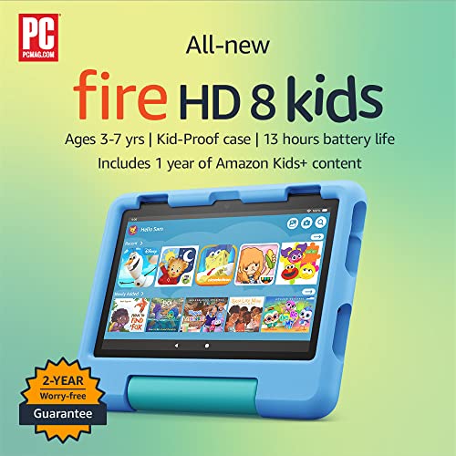 All-new Amazon Fire HD 8 Kids tablet, 8' HD display, ages 3-7, includes 2-year worry-free guarantee, Kid-Proof Case, 32 GB, (2022 release), Blue
