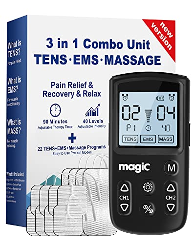 Tens Unit Muscle Stimulator Machine - Dual Channel Electronic Pulse Massager, Muscle Massager for Pain Relief Therapy with 12 Electrode Tens Unit Replacement Pads (2'x2' and 2'x4')