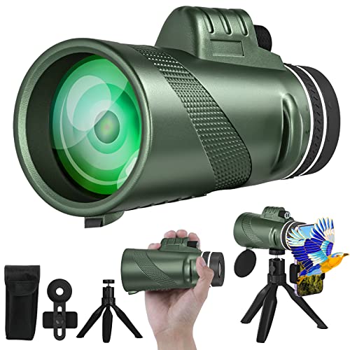 80x100 Monocular Telescope for Adults High Powered Lightweight Monoculars with Smartphone Adapter Tripod Compact Waterproof Monocular for Hunting Stargazing Bird Watching Hiking Travel, Green