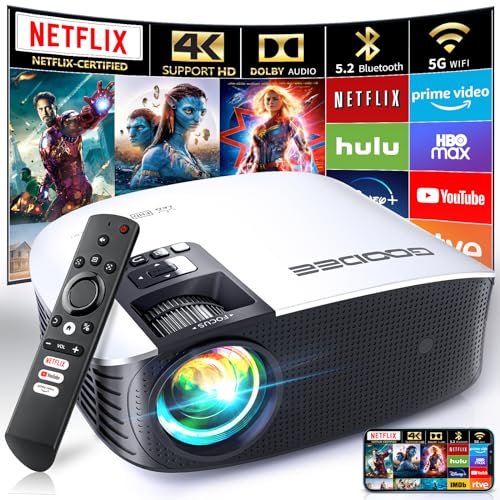 GooDee Smart 4K Projector with 5G WIFI and Bluetooth, Netflix/Amazn Prime Video Certified, Dolby Audio, 800ANSI Outdoor Projector, 400' Zoom Home Theater Projector Compatible with TV Stick,iOS,Android