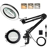 LANCOSC Magnifying Glass with Light and Stand, 3 Color Modes Stepless Dimmable, 5-Diopter Glass Lens, Adjustable Swivel Arm, LED Magnifier Desk Lamp for Close Work, Repair, Crafts, Reading - Black