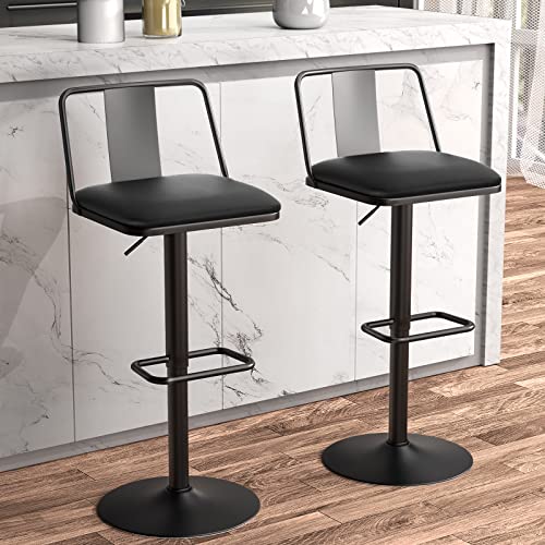 Raynesys Metal Swivel Barstools Set of 2, Enlarged PU Leather Seat with Metal Back, Adjustable from 24' to 33' for Counter Height & Bar Height, Modern Design for Kitchen and Restaurant,MatteBlack