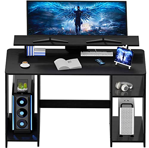 MINOSYS Home Office Computer Desk - Writing Desk with Storage, Study Desk with Shelf and Monitor Stand, Gaming Desk Workstation for Corner, Living Room, Bedroom, Black.