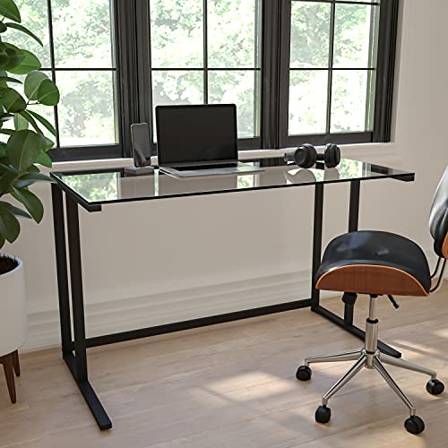 Flash Furniture Singleton Glass Desk with Black Pedestal Metal Frame