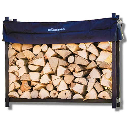 Woodhaven 5 Foot Black - Made in the USA - 1/4 Cord Plus Firewood Storage Log Rack With Seasoning Cover Combo Set - Indoor Outdoor - Metal Firewood Rack - Heavy Duty