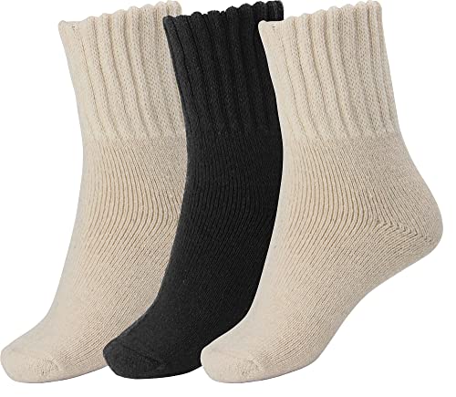 BomKinta Women Winter Solid Boots Socks Thick Warm Wool Socks Cozy Crew Socks Christmas Gift, Cream Cream Black, Medium