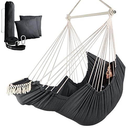 Chihee Hammock Chair Hanging Swing 2 Seat Pillows Included,Durable Spreader Bar Soft Cotton Weave Hanging Chair Side Pocket Large Tassel Chair Set Foot Rest Support Calf Foot Extra Comfortable