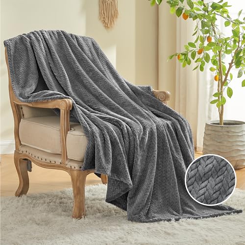 INFIIXSO Fleece Throw Blanket for Couch - Leaves Pattern Lightweight Blanket for Sofa All Season Use, Grey, 50x60 inches