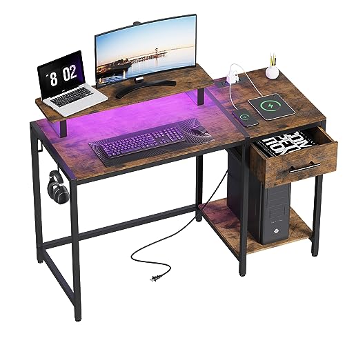 Lkeiyay Computer Desk with Power Outlet and Led Lights - 47 inch Gaming Desk with Wood Storage Drawers,Monitor Stand,for Home Office,Bedroom (Rustic)
