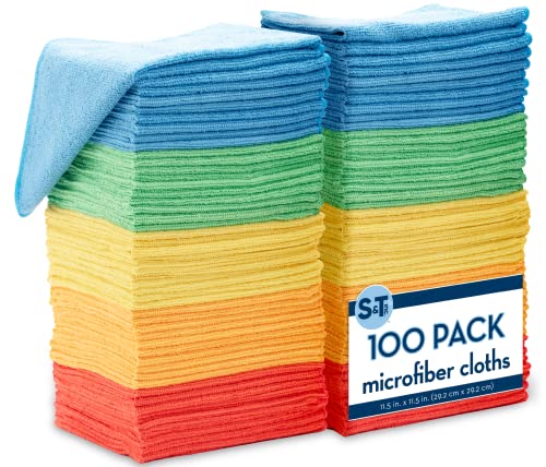 S&T INC. 100 Pack Microfiber Cleaning Cloth, Bulk Microfiber Towel for Home, Reusable and Lint Free Cloth Towels for Car, Assorted Colors, 11.5 Inch x 11.5 Inch, 100 Count