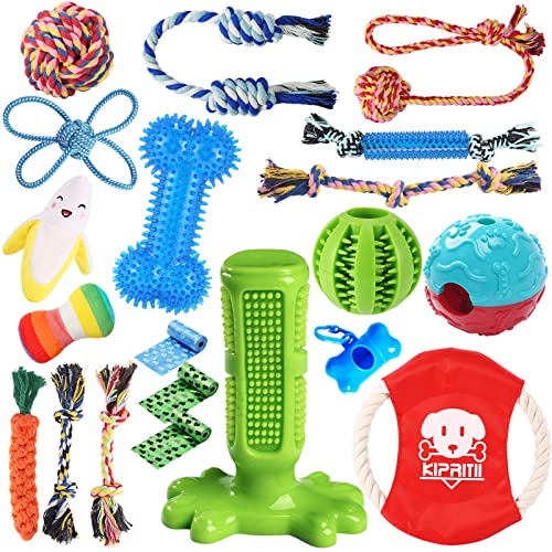 KIPRITII Dog Chew Toys for Puppy - 20 Pack Puppies Teething Chew Toys for Boredom, Pet Dog Toothbrush Chew Toys with Rope Toys, Treat Balls and Dog Squeaky Toy for Puppy and Small Dogs