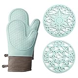 Domonic Home Oven Mitts and Pot Holders Sets, Silicone Oven Mitts Heat Resistant 600F, Soft Lining Good Grip Oven Mitts Sets, Oven Gloves and Silicone Trivet 4-Piece Set,Aqua Sky