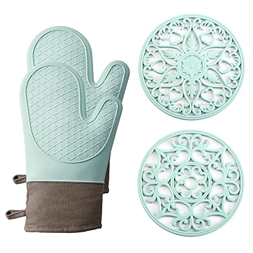 Domonic Home Oven Mitts and Pot Holders Sets, Silicone Oven Mitts Heat Resistant 600F, Oven Mitt Set Soft Lining Good Grip, Oven Gloves and Trivet Mats 4 Piece Set, Aqua Sky