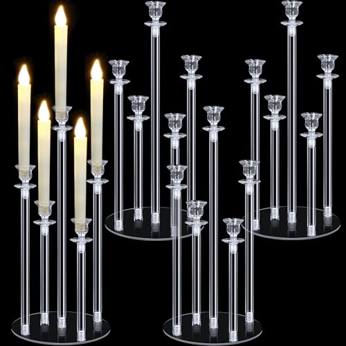 Layhit 4 Set Acrylic Candelabra Centerpieces 5 Arm Clear Candelabra Candle Holder 18.1 Inch Crystal Taper Candlestick with Circular Base for Party Table Fireplace Valentine Decor Fit 0.87 LED Candle