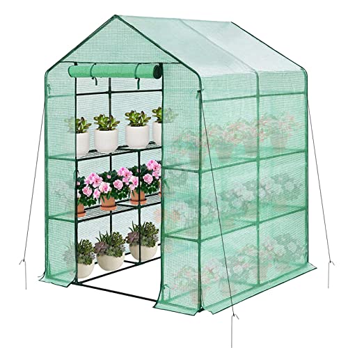 BRIKY Walk-in Greenhouse Outdoor Indoor, 3 Tier 8 Shelves Portable Greenhouse with PE Cover and Roll-Up Zipper Door, 4.7x4.7x6.4FT Small Greenhouse Kit for Garden Plant Seedling Flowers Herbs Growing