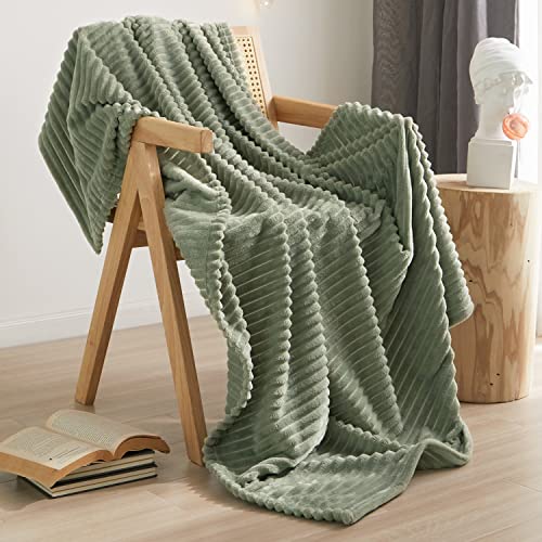 Geniospin Throw Blanket for Couch, Bed, Sofa. Super Soft Lightweight Blanket with Strip 50 X 60 Inches, Sage Green Throw Blanket Cozy, Warm and Breathable