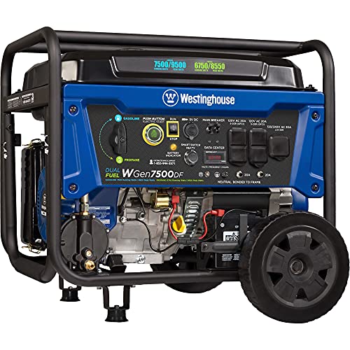 Westinghouse WGen7500DF Dual Fuel Home Backup Portable Generator, 9500 Peak Watts & 7500 Rated Watts, Remote Electric Start, Transfer Switch Ready, Gas & Propane Powered, CARB Compliant