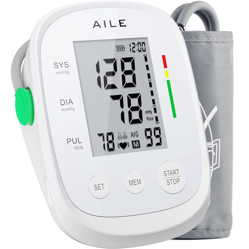 Blood Pressure Monitor,AILE blood pressure machine Upper Arm Large Cuff(8.7'-16.5'Adjustable),automatic high blood pressure cuff for home use,(BP)blood pressure monitor,2*99 memory，Easy to use (White)