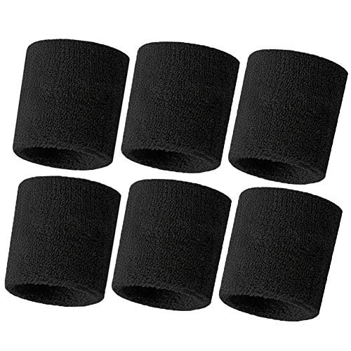 Hanerdun Wrist Sweatbands Thick Cotton Terry Cloth Wristbands For Men And Women Athletic Sweat Bands For Sports Tennis Gym Basketball,Black(6 pieces),One Size