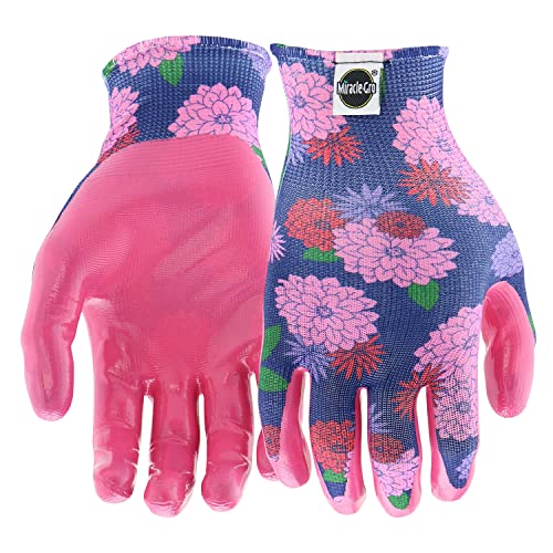 Miracle-Gro Women's Nitrile Coated Grip Floral Pattern Gardening Work Gloves, Extreme Comfort, Excellent Grip, Water Resistant, Pink/Purple, Small, (MG37126/WSM)