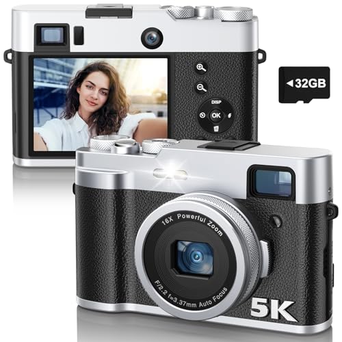 5K Digital Camera for Photography and Video Autofocus 48MP Vlogging Selfie Camera Anti-Shake with Flash Viewfinder Dial, 16X Digital Zoom Compact Video Camera for Travel with 32GB Card, 2 Batteries
