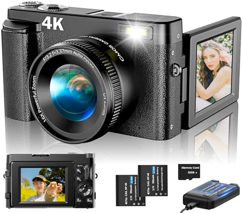 4K Digital Camera for Photography Autofocus, Upgraded 48MP Vlogging Camera for YouTube with SD Card, 3' 180 Flip Screen Compact Travel Camera with 16X Digital Zoom, Flash, Anti-Shake, 2 Batteries